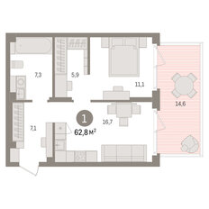 Квартира 62,8 м², 1-комнатная - изображение 2