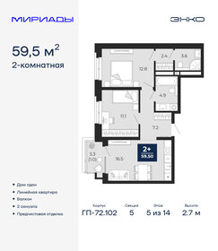 Квартира 59,5 м², 2-комнатная - изображение 1