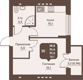 Квартира 38,8 м², 1-комнатная - изображение 1
