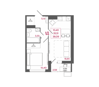 Квартира 38,1 м², 1-комнатная - изображение 1