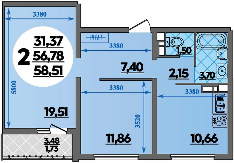 59,9 м², 3-комнатная квартира 6 899 999 ₽ - изображение 81