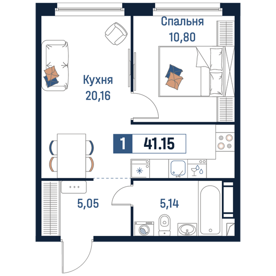 41,2 м², 1-комнатная квартира 9 726 317 ₽ - изображение 1