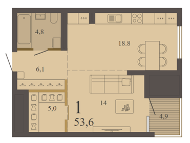 Квартира 53,6 м², 1-комнатные - изображение 2