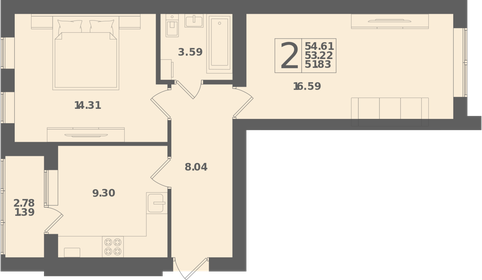 Квартира 54,6 м², 2-комнатная - изображение 1