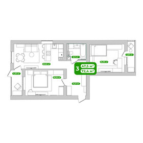 Квартира 72,4 м², 3-комнатная - изображение 1