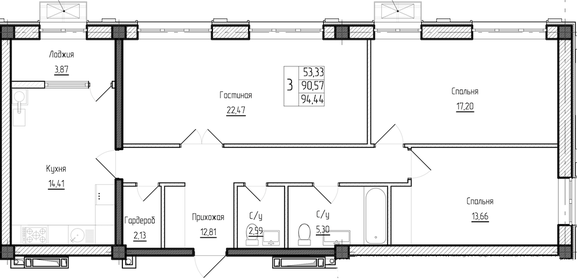 Квартира 94,4 м², 3-комнатная - изображение 1