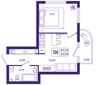 Квартира 35,7 м², 1-комнатная - изображение 1