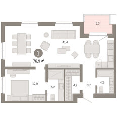 Квартира 76,9 м², 1-комнатная - изображение 3
