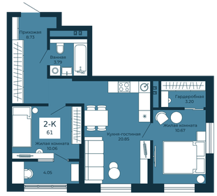 Квартира 61 м², 2-комнатная - изображение 2