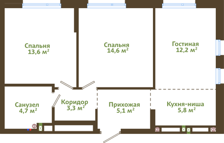 Квартира 59,3 м², 3-комнатная - изображение 2
