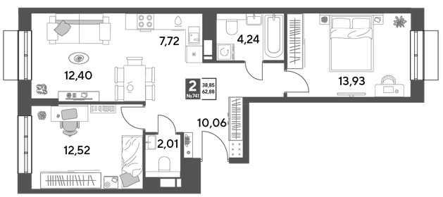 Квартира 62,9 м², 2-комнатная - изображение 1