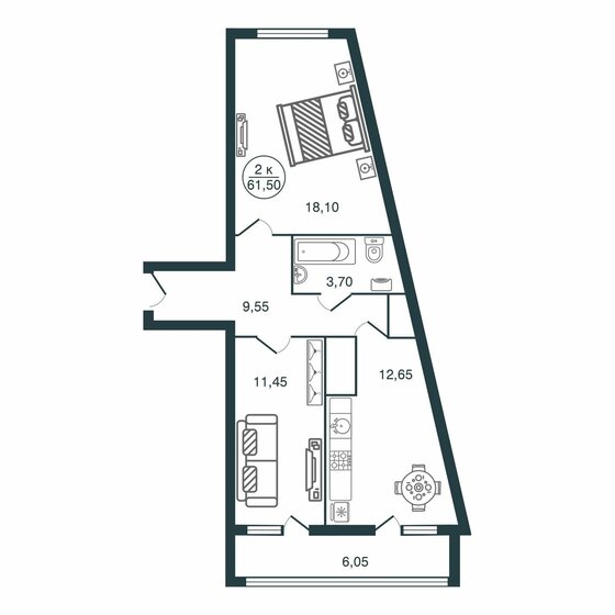 61,5 м², 2-комнатная квартира 6 488 250 ₽ - изображение 1