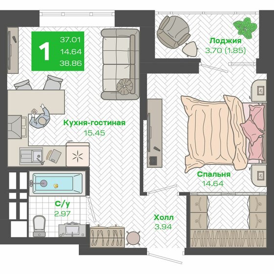 38,9 м², 1-комнатная квартира 7 072 520 ₽ - изображение 39