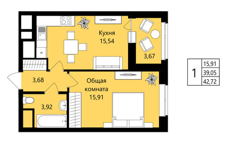 Квартира 39,1 м², 1-комнатная - изображение 1