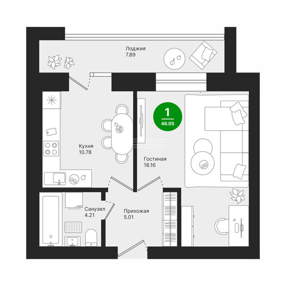 46,6 м², 1-комнатная квартира 5 291 370 ₽ - изображение 19