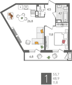 Квартира 55,7 м², 1-комнатная - изображение 1
