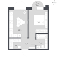 Квартира 34,9 м², 1-комнатная - изображение 2