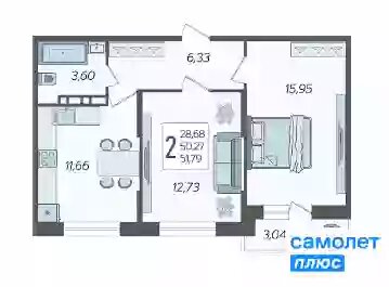 Квартира 51,8 м², 2-комнатная - изображение 1