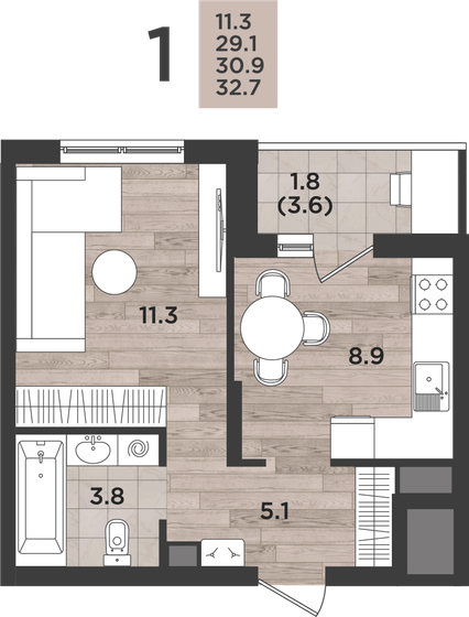 32 м², 1-комнатная квартира 4 374 400 ₽ - изображение 25