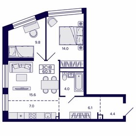 Квартира 60,9 м², 3-комнатная - изображение 1