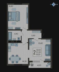 Квартира 61,2 м², 2-комнатная - изображение 1