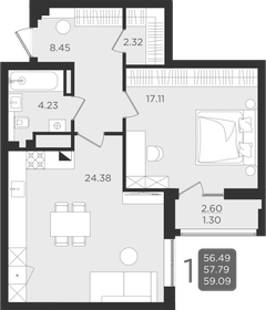 Квартира 57,8 м², 1-комнатная - изображение 1