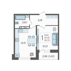 Квартира 35,8 м², 1-комнатная - изображение 3