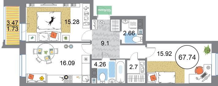 Квартира 67,7 м², 2-комнатная - изображение 1