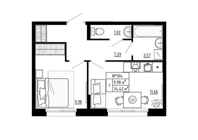 Квартира 34,4 м², 1-комнатная - изображение 1