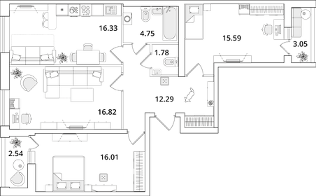 Квартира 86,5 м², 3-комнатная - изображение 1