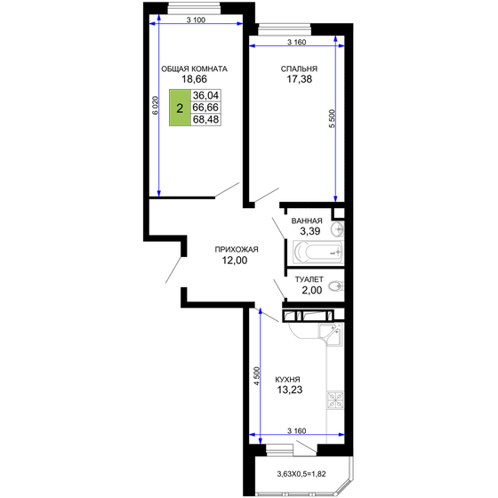 68,5 м², 2-комнатная квартира 8 560 000 ₽ - изображение 1