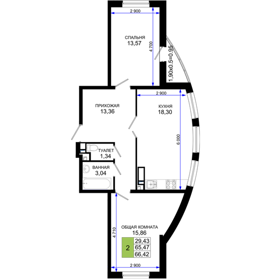 66,4 м², 2-комнатная квартира 7 704 720 ₽ - изображение 1