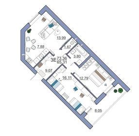 Квартира 73,4 м², 3-комнатная - изображение 1