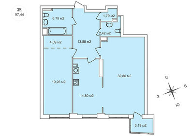 Квартира 97,4 м², 2-комнатная - изображение 1