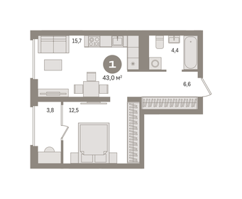 Квартира 43 м², 1-комнатная - изображение 1