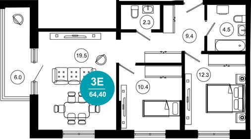 Квартира 64,4 м², 3-комнатные - изображение 1