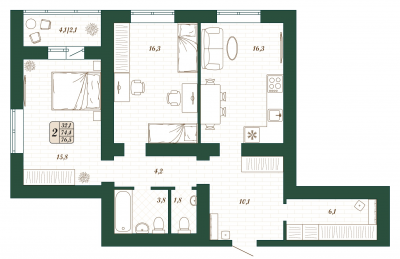 Квартира 74,4 м², 2-комнатная - изображение 1
