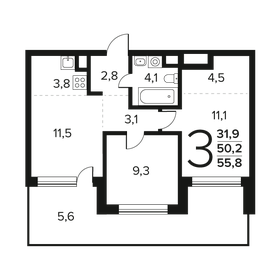 Квартира 55,8 м², 3-комнатная - изображение 1