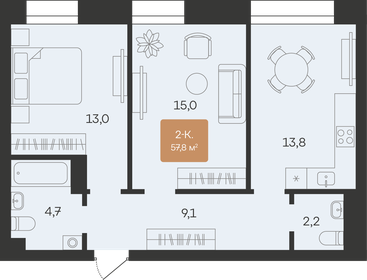 Квартира 58,7 м², 2-комнатная - изображение 1