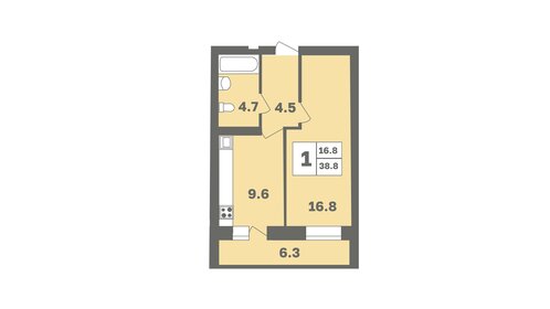 Квартира 38,9 м², 1-комнатная - изображение 1