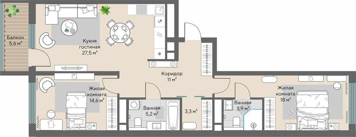 Квартира 85,2 м², 2-комнатная - изображение 2