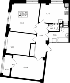 Квартира 74,8 м², 3-комнатная - изображение 1