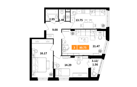 Квартира 80,8 м², 3-комнатная - изображение 1