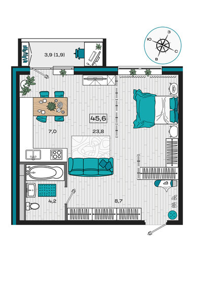 45,2 м², 1-комнатная квартира 5 378 800 ₽ - изображение 9