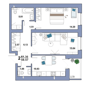 Квартира 61,4 м², 2-комнатная - изображение 1