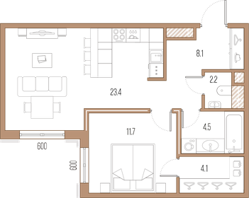 Квартира 54,8 м², 1-комнатная - изображение 1