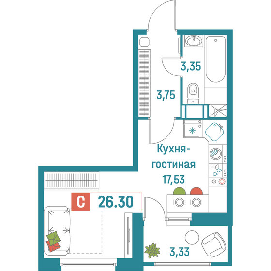 26,3 м², квартира-студия 5 470 400 ₽ - изображение 32