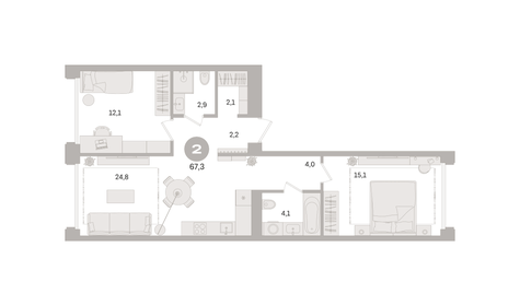 Квартира 67,3 м², 2-комнатная - изображение 1
