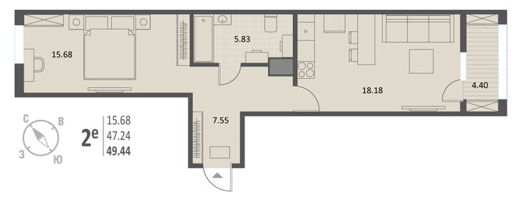 Квартира 49,4 м², 1-комнатная - изображение 1