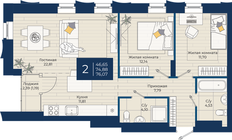 75,3 м², 2-комнатная квартира 24 606 750 ₽ - изображение 19